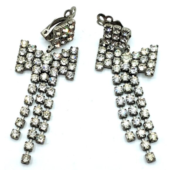 Long Rhinestone Earrings Bows Articulating Drop Dangling Clip Ons Vintage Costum - Picture 2 of 8